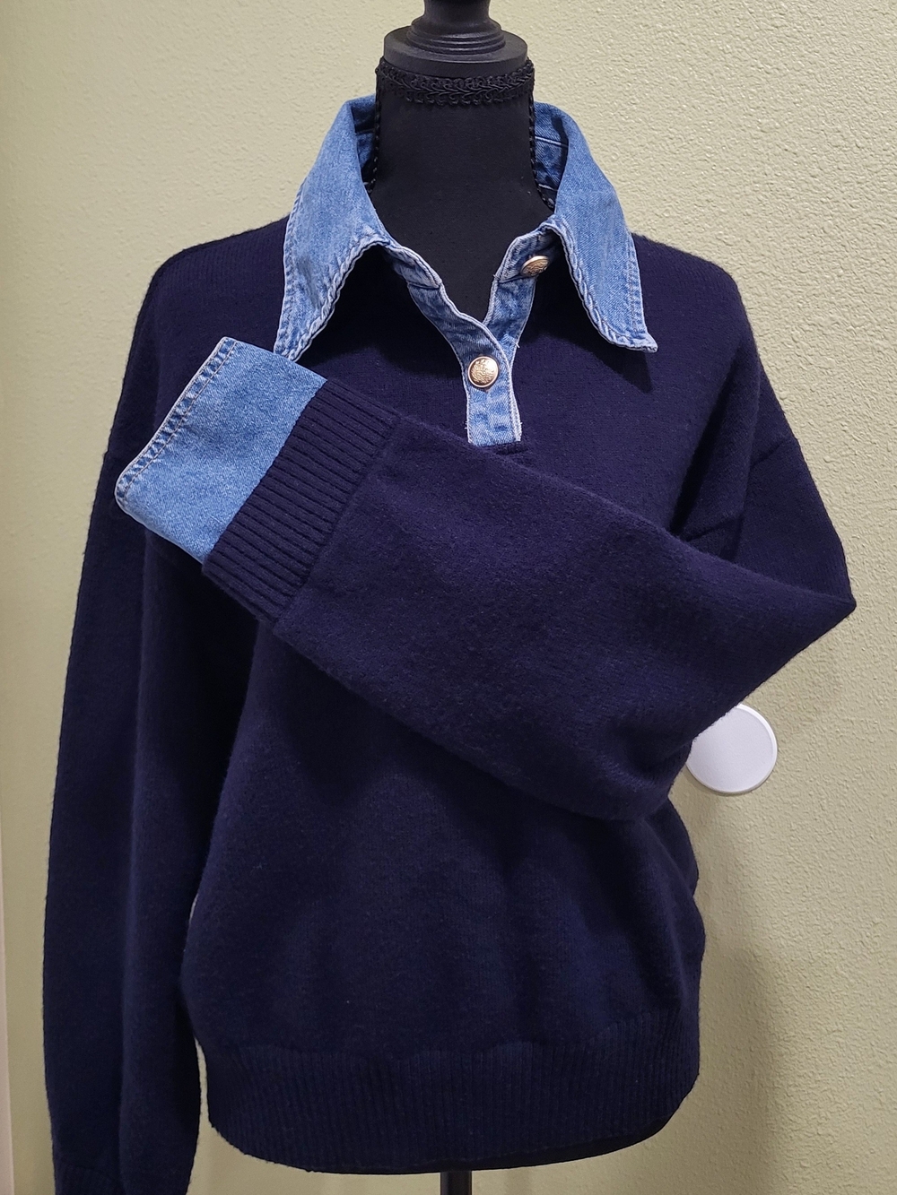 Commense "Courtney" Navy Knit Sweater with Denim Trim. Size Medium. - Picture 5 of 9